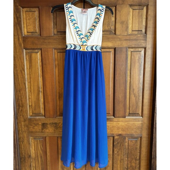 Flying Tomato Maxi Dress Women's Size Small Embroidered Blue Ivory Chiffon - Picture 1 of 7